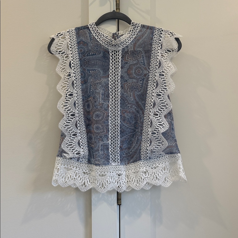 MISA Sleeveless Blue Paisley Lace Trim Top
